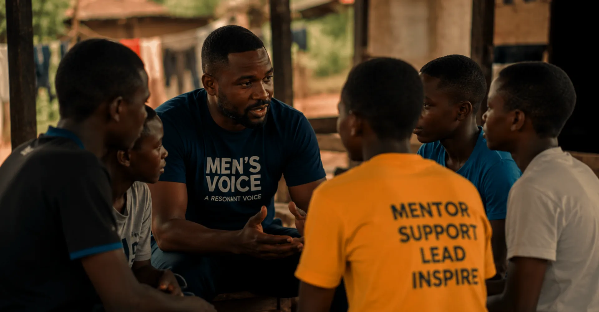Two men in an open, respectful peer-support conversation at a Men’s Voice community session